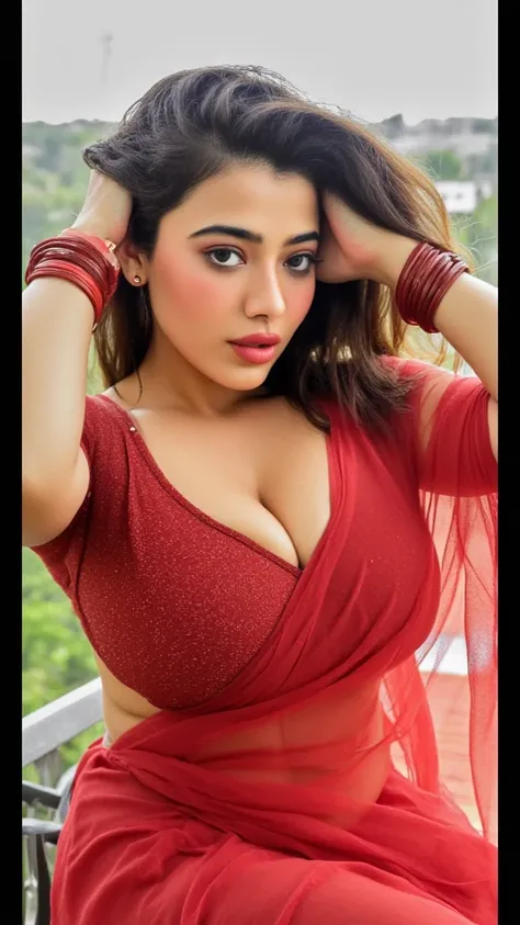 Four beautiful Indian women with sexy and attractive faces,  Mouth slightly open, Eyeliner in the eyes ,  Heavy mascara ,  Give an attractive look to the viewer , ,((  wearing a bikini top without sleeves )),  Shama Medium size on breasts and armpits  , Bo...