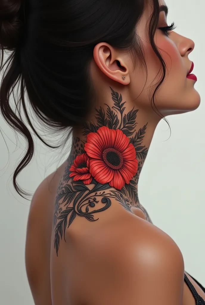 Lust style tattoo, lots of beautiful lines and colors. Behind the girl's neck. Not a dragon,  medium size . Without flowers.