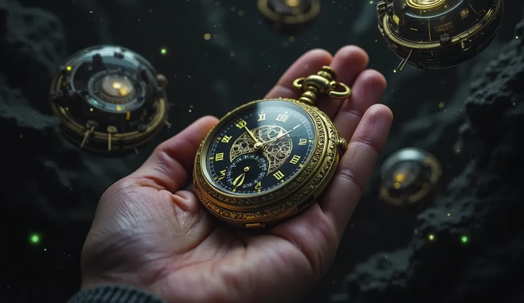 An antique gold hand watch, classic, but with technologies that allow time travel, in the foreground held by an open hand , and floating you can see concepts of time travel, holograms and watches, Realistic 8k image .