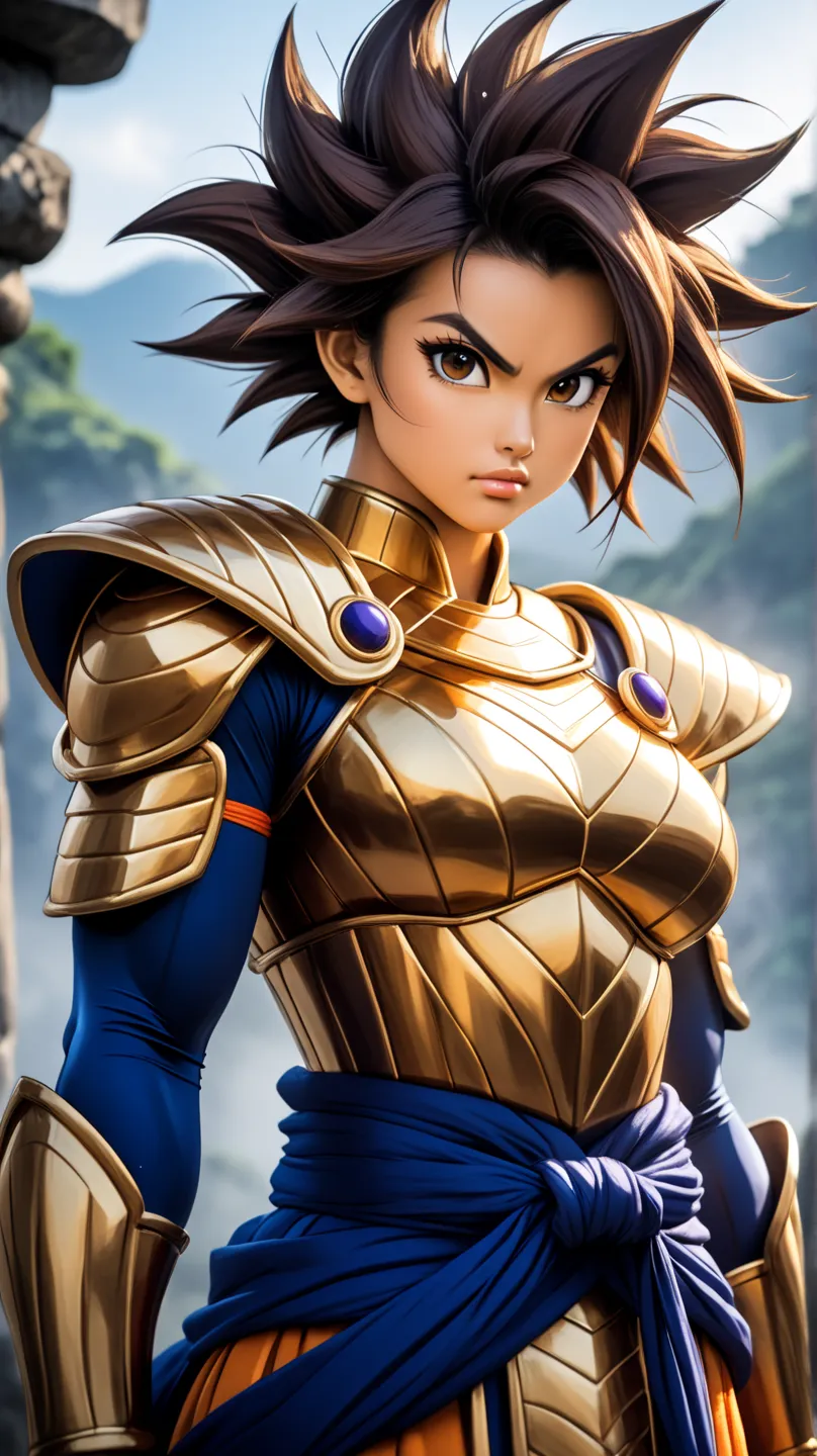 A young, tall, imposing Thai warrior woman, wearing shiny bronze armor that highlights her strong, feminine muscles. Her face is of rare beauty, with elegant features and an expression of determination and strength.
Her skin is a lightly tanned acai brown....