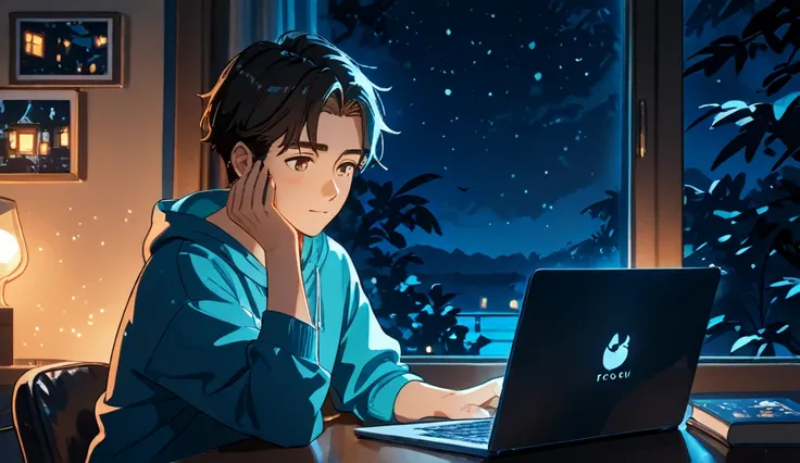 A cozy, warm-lit room at night. A man is sitting at his desk, coding on a laptop. The soft glow of the screen illuminates his face. A large window in front of him reveals the dark night outside. The room has a relaxing, lofi vibe with warm lighting, books,...