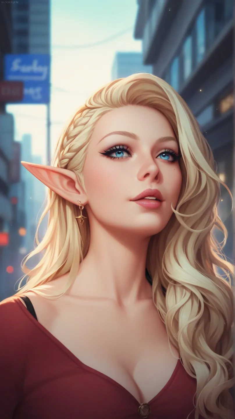 Create a blonde elf with two white streaks in her hair, no medieval time