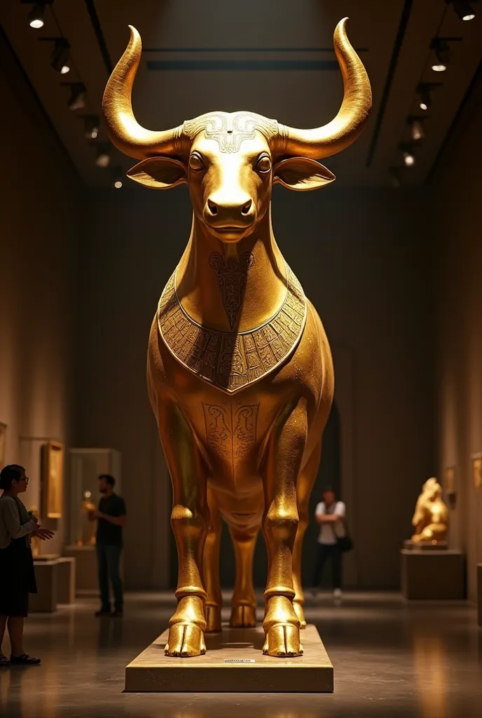 Bull of the Gods of Mesopotamia. A golden statue of a bull with huge horns stands raised in a dark museum hall.