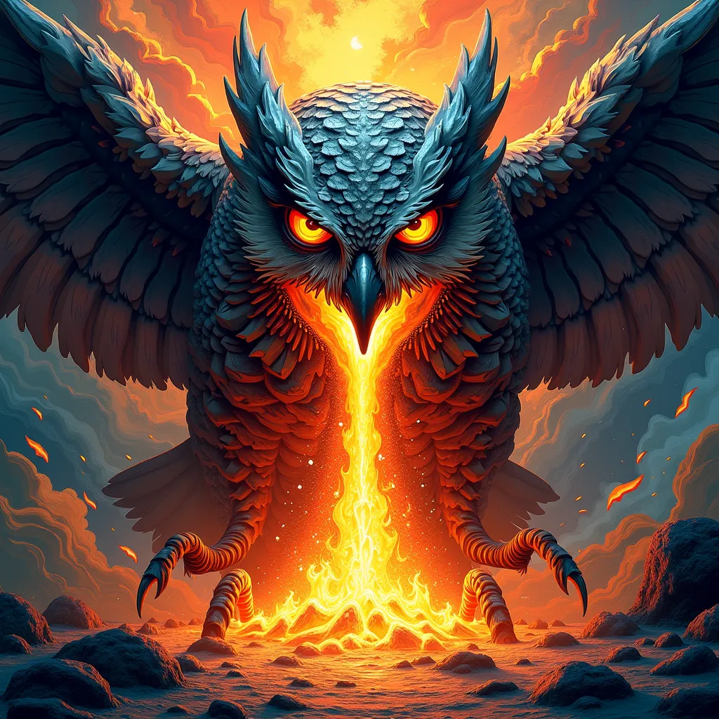 NFT 3d woodcut colorful owl 
 Angry giant shooting fire through the mouth flashy