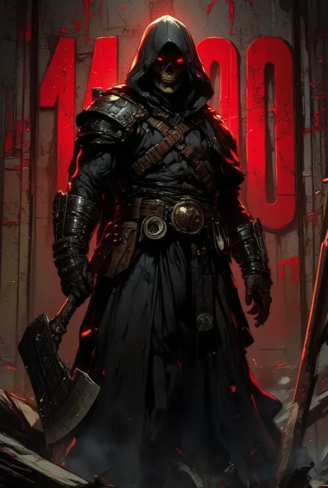 A dark, hooded warrior standing menacingly in front of a massive, weathered wall with the bold, red letters "IA" and the number "400" painted behind him. The warrior wears a long, tattered black cloak, with intricate leather straps and armor details. His f...