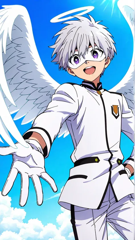 Full pure White hero masked men anime, solo, male focus,white angle uniform,white hero mask,white eye mask,gloves,angel,1boy,male focus,big white angel wing,angel halo,day sky clouds heaven bankground,male focus,playful,sunshine, shiki_tademaru, grey hair,...