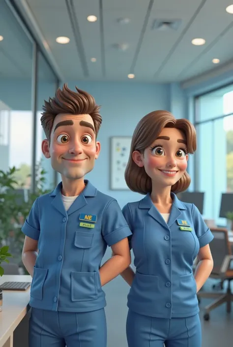 Pixar-style 3D image of a 30-year-old man,  White , Brown hair and a 30-year-old brown woman with long brown hair, dressed in blue uniforms in an office of the company NE Hygienizações looking towards the cell phone camera and pointing at the logo in the s...