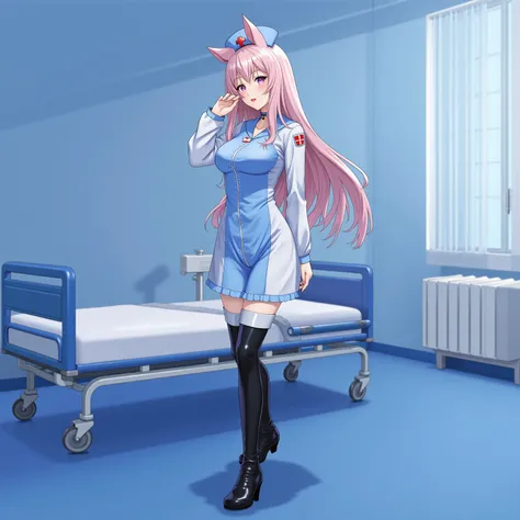 A Neko anime nurse with cat ears , In a blue latex dress and white pants black patent over the knee boots, with a hospital background and patient bed in treatment.  A beautiful girl with long hair and red lips in a blue room, in a photorealistic style.  so...