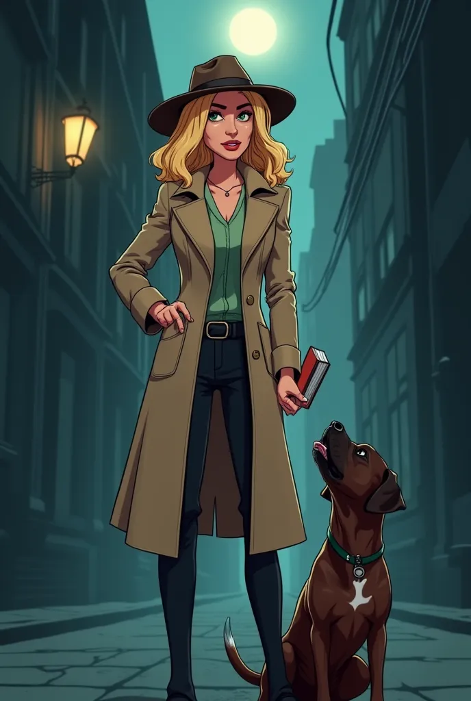 A stylish, cartoon-style illustration of Casey, a slim and sharp-witted 30-something blonde veterinarian-turned-detective. She wears a sleek, fitted trench coat with the collar turned up, a fedora casting a shadow over her keen, investigative eyes. She hol...