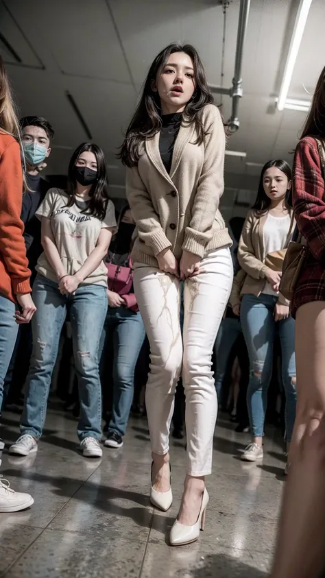  female teacher pees during group photo shoot、incontinence、pees herself、pee a lot、 from below、 white suit、high heels、 Perfect Body 、very beautiful、 aligning up with students in front of the school building 、Female Teacher Who Is Embarrassed and Blushes、Fem...