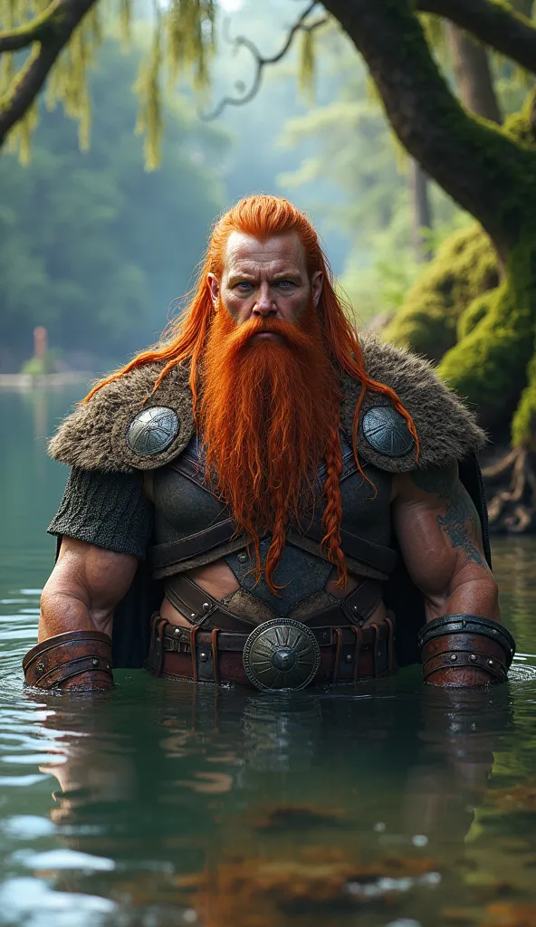 I want an image of a very strong red-haired Viking from the medieval era bathing in the river without an anime tattoo