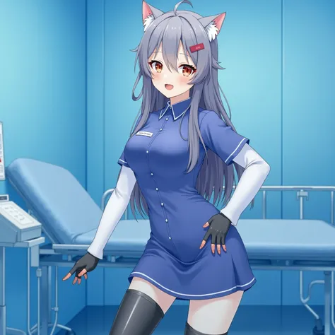 A Neko anime nurse with cat ears , In a blue latex dress and white pants black patent over the knee boots, with a hospital background and patient bed in treatment.  A beautiful girl with long hair and red lips in a blue room, in a photorealistic style.  so...