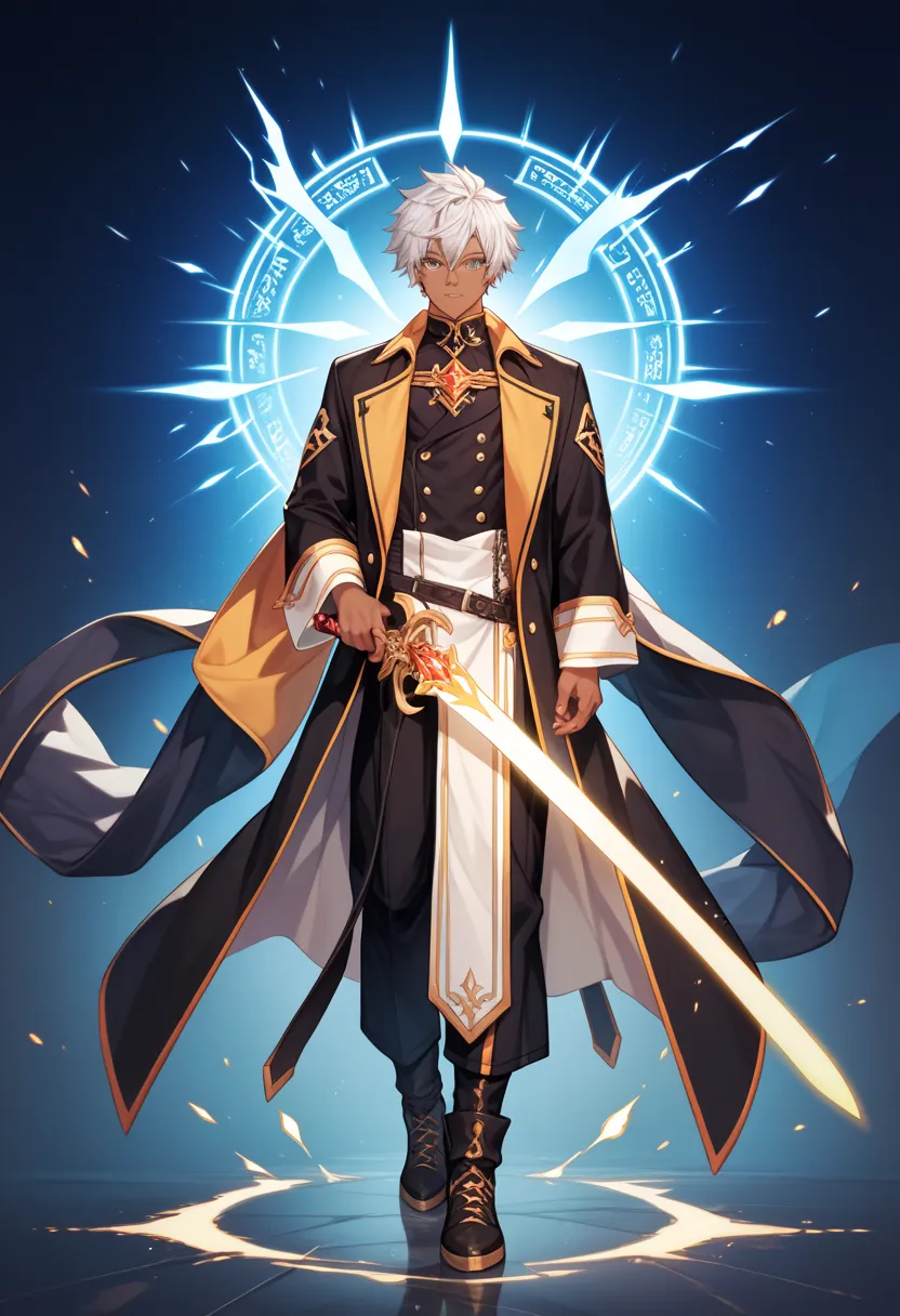 energy blade haft  sword,  dark-skinned male ,   seraph of the ends  uniforms,  owari no seraph sword,  short hair,  full-body images,  boy,  short hair , agen , full body,  no  jacket 