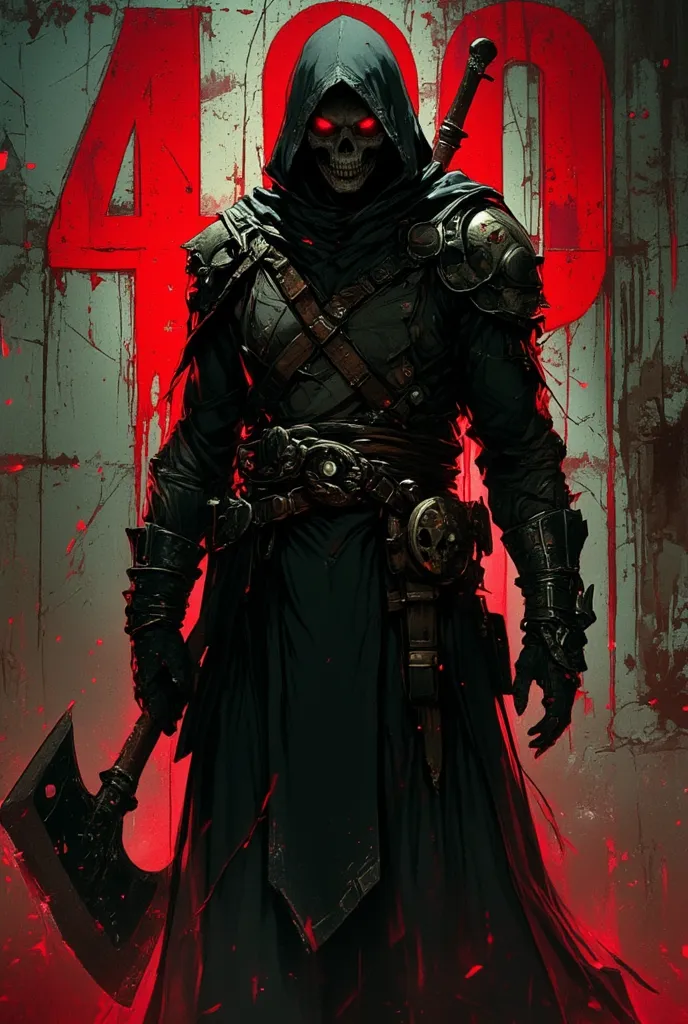 A dark, hooded warrior standing menacingly in front of a massive, weathered wall with the bold, red the number "400" painted behind him. The warrior wears a long, tattered black cloak, with intricate leather straps and armor details. His face is concealed ...