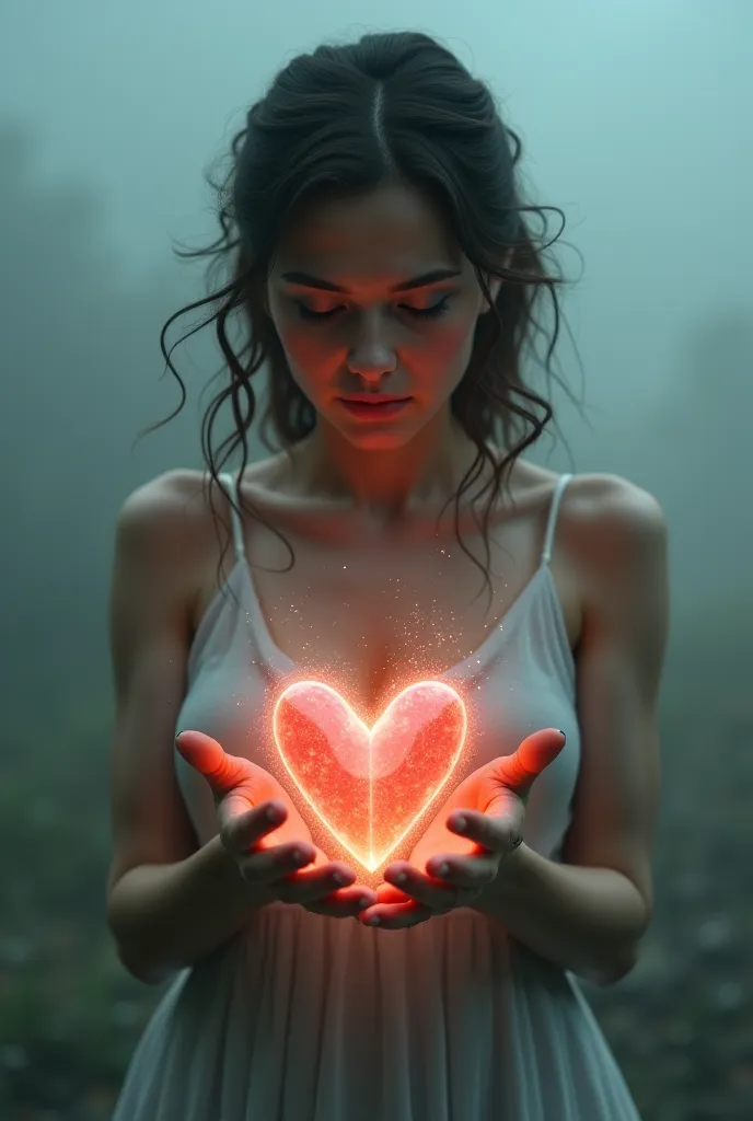 A woman holding a heart of you and looking the other way as if it would disgust her
