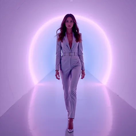 a European-looking woman walks through an energy tunnel in a silver suit, photorealism, soft purple background, motion dynamics, moves the camera is facing the woman frontally, moves towards the camera