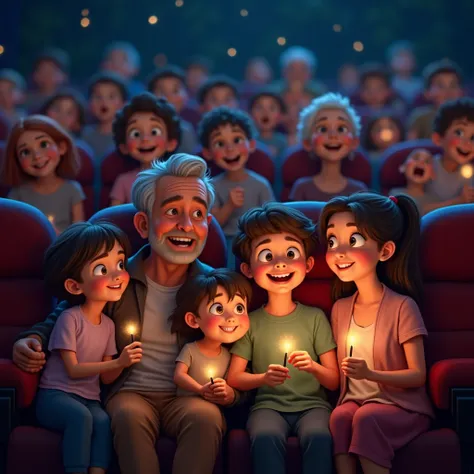 An entire family in the movie theater: the ren with their eyes full of amazement, the parents sharing smiles and the grandparents enjoying themselves with nostalgia.