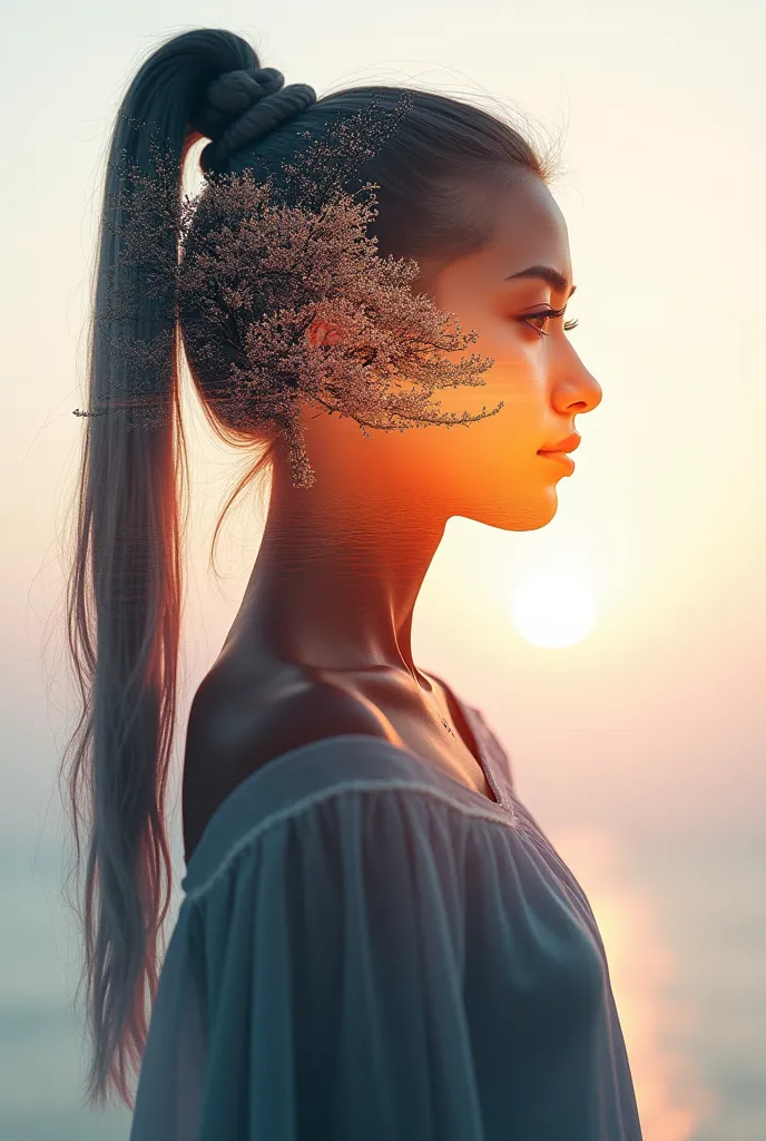 high quality, 8K Ultra HD, A beautiful double exposure that combines an goddess silhouette with sunset coast, sunset coast should serve as the underlying backdrop, with its details incorporated into the goddess , crisp lines, The background is monochrome, ...