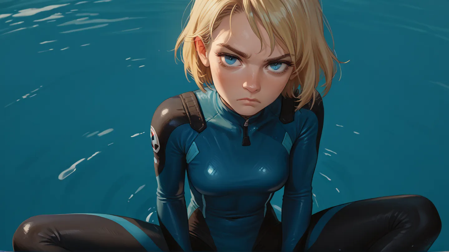 deep blue eyes, serious face, blonde, sexy face, pov, short hair, skinny, medium breasts, girl sitting,  wetsuit, sci-fi style,