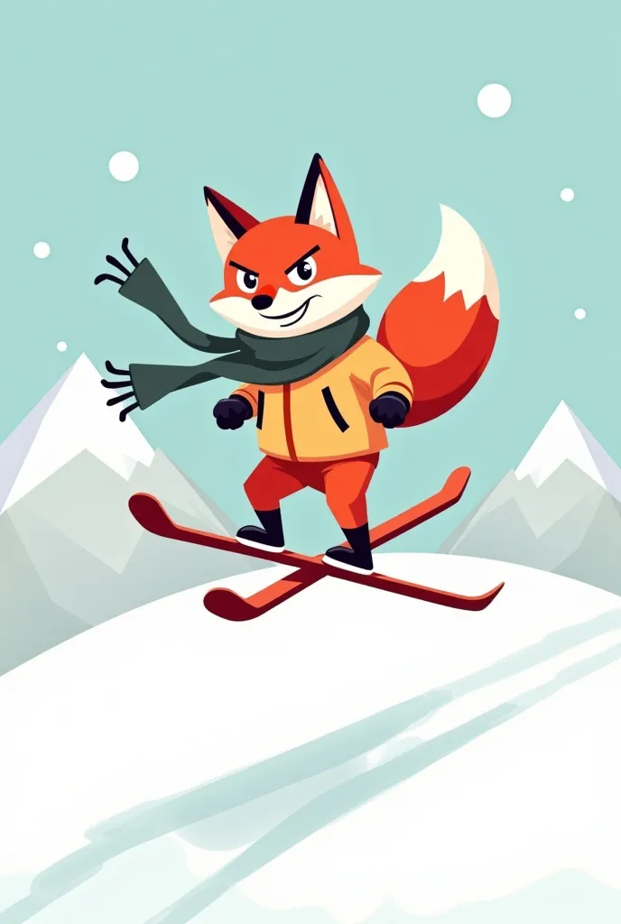 A stylized red fox, standing on skis, making a jump with a confident smile. He wears a winter jacket and a scarf that flutters behind him. His eyes are mischievous and playful. Simplified background with a few mountains and tracks in the snow.
