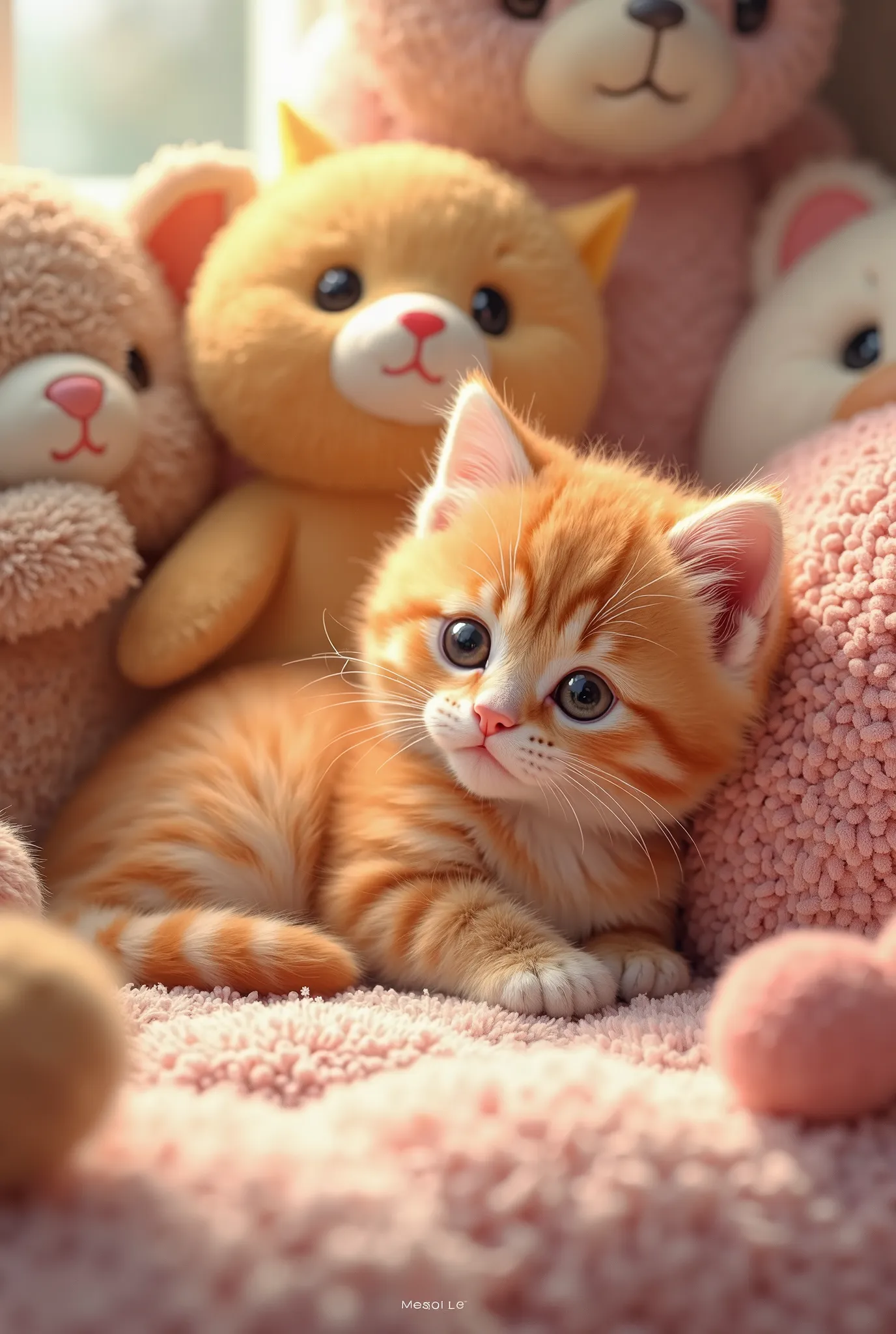 An orange kitten lying on a bed full of stuffed animals