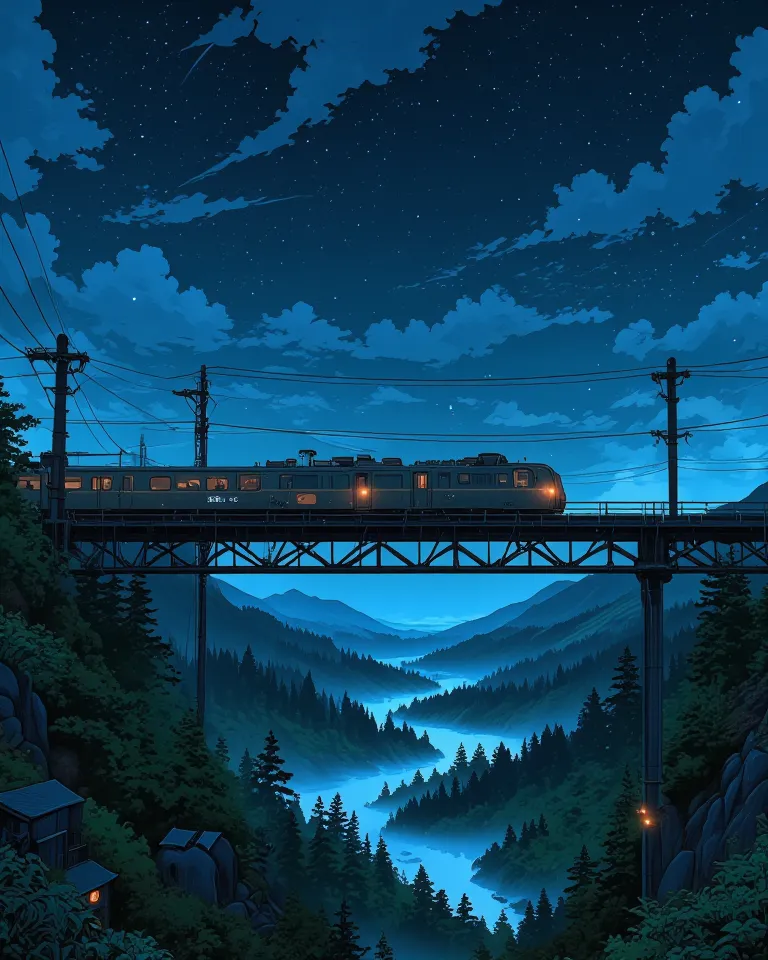 "A single anime-style train crossing a high bridge under the night sky. The train’s warm lights contrast against the deep blue sky, dotted with glowing stars. Below, a misty valley stretches endlessly. The scene has a nostalgic and peaceful atmosphere, evo...