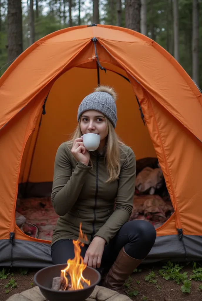 A professional outdoor photography of a beautiful young blond woman camping the wood; she wearing an gray wool hat; she sitting outside of her orange tent; she holding a cup of coffee; small campfire; winter season; cozy atmosphere; sunset; sunset light; b...