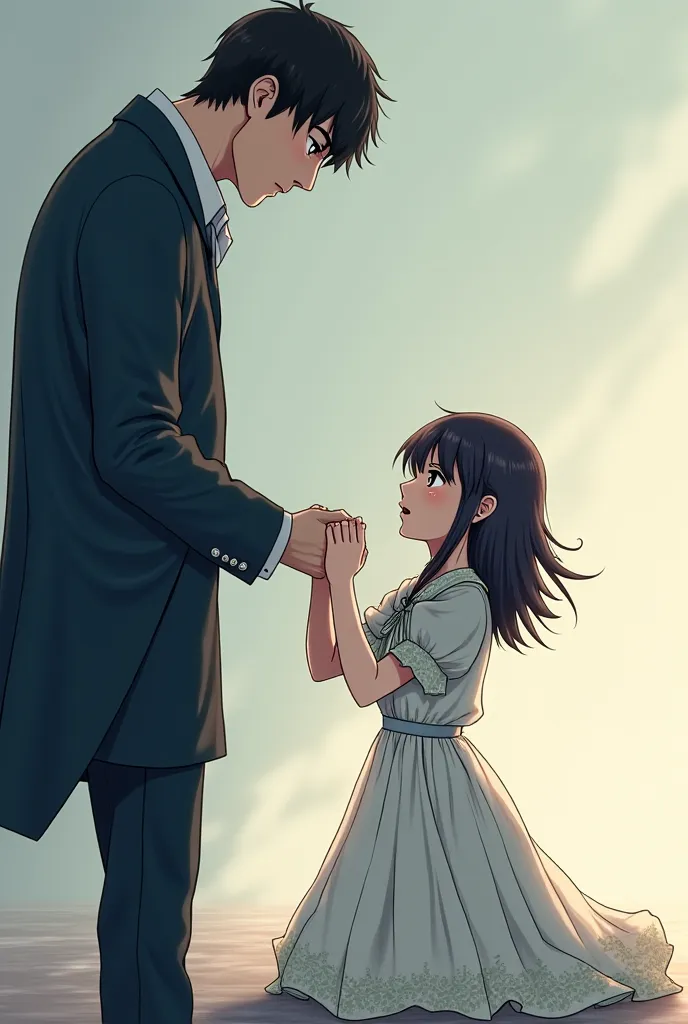 An girl on her knees, begging him to forgive her, as she has an dress on, as a guy is looking up at her holding an collar on her neck anime