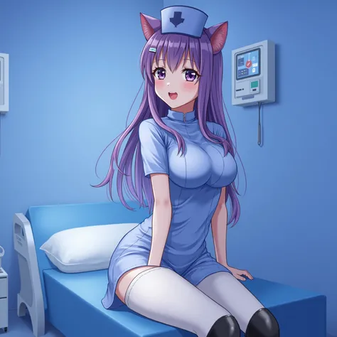 A Neko anime nurse with cat ears , In a blue latex dress and white pants black patent over the knee boots, with a hospital background and patient bed in treatment.  A beautiful girl with long hair and red lips in a blue room, in a photorealistic style.  so...