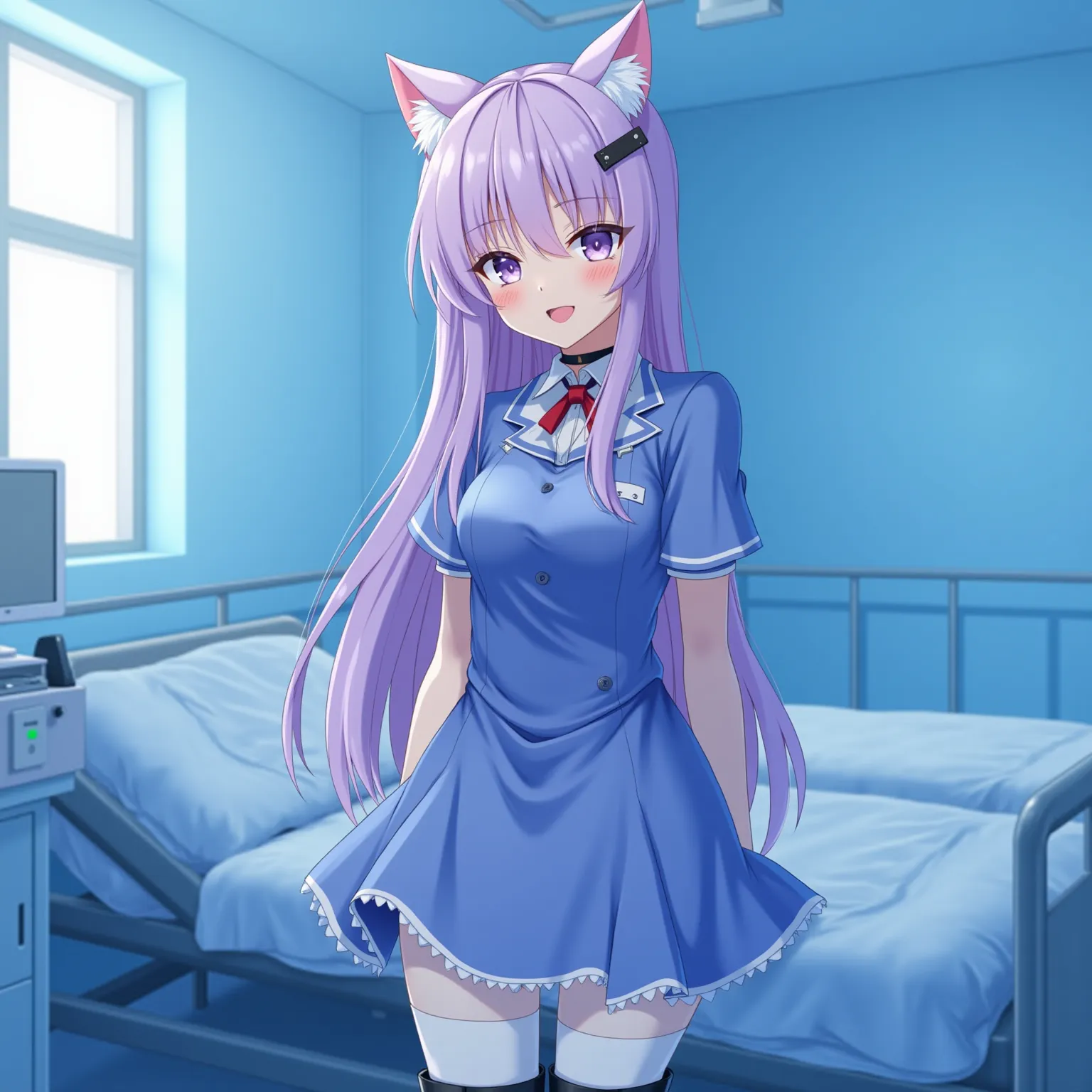 A Neko anime nurse with cat ears , In a blue latex dress and white pants black patent over the knee boots, with a hospital background and patient bed in treatment.  A beautiful girl with long hair and red lips in a blue room, in a photorealistic style.  so...