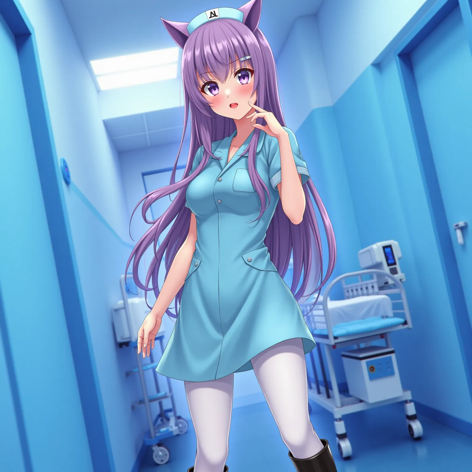 A Neko anime nurse with cat ears , In a blue latex dress and white pants black patent over the knee boots, with a hospital background and patient bed in treatment.  A beautiful girl with long hair and red lips in a blue room, in a photorealistic style.  so...