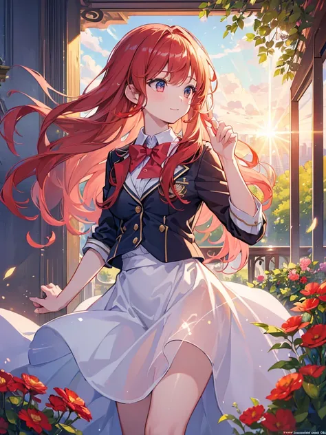 (((masterpiece))), (((best quality))),extremely detailed CG,(lens flare:1.4),the background is school garden,(magnificent view:1.2),(wind),1 girl,solo focus,red short wavy hair,shiny hair ,light smile,light makeup,cinematic angle,cowboy shot,Small breasts,...