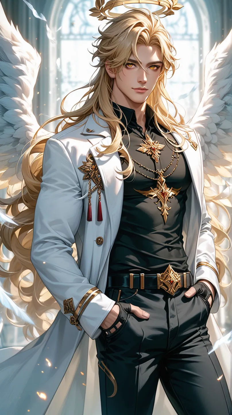 score_9, score_8_up, score_7_up, score_6_up, anime style, 1man, long hair, blonde hair, golden eyes, black shirt, black pants, white coat, fingerless gloves, angel wings, male focus, masculine