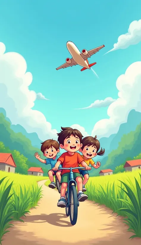 Illustration shows several young ren pedaling a bicycle in the path of an airplane, background of daytime atmosphere in a rice field in the village, clear sky with beautiful clouds. style cartoon