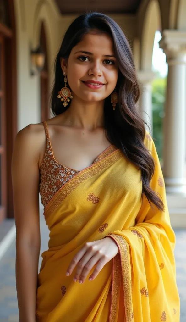 Pakistani girl. Young and beautiful. thick body shape. Fat girl. Real face. Cute and beautiful face. Without makeup. Full hd pic. 4k real pic. Long, Tall height, Innocent face. Fat girl. wearing light yellow colour printed saree. Sleeveless saree. Transpar...