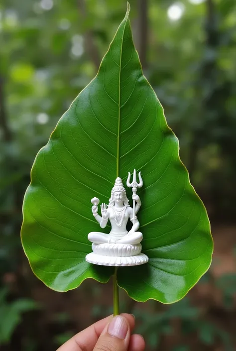 can u generate a kavar of one bilva leaf having on top an idol of shiva for the occassion of mahashivratree ? 
it must be unique and the idol should be of white colour and in sitting position with his trishul in his right hand 