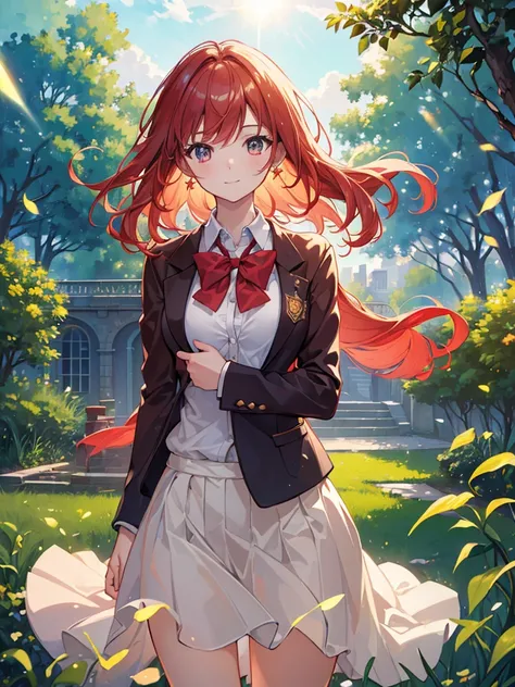 (((masterpiece))), (((best quality))),extremely detailed CG,(lens flare:1.4),the background is school garden,(magnificent view:1.2),(wind),1 girl,solo focus,red short wavy hair ,light smile,light makeup,cinematic angle,cowboy shot,Small breasts, school uni...