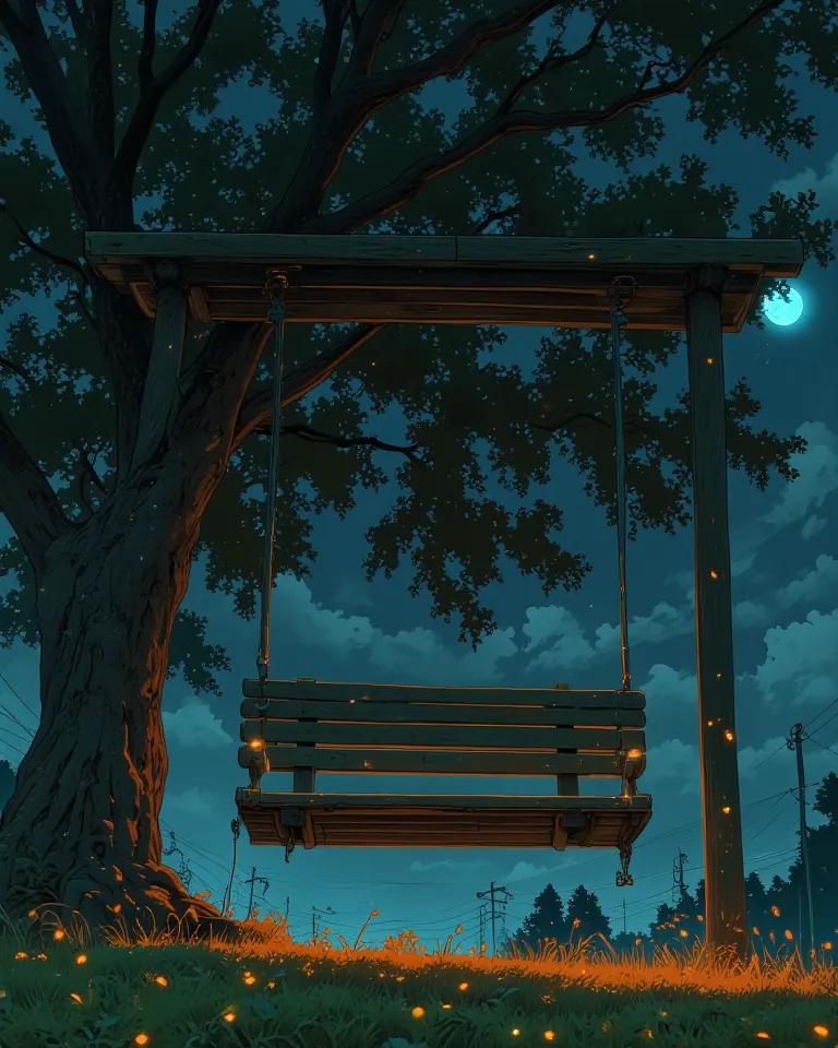 "A wooden swing hanging from a large, lush tree on a small hill, gently swaying in the night breeze. The moonlight filters through the leaves, creating soft, dreamy shadows on the grass. The scene feels warm, nostalgic, and calm, capturing the essence of a...