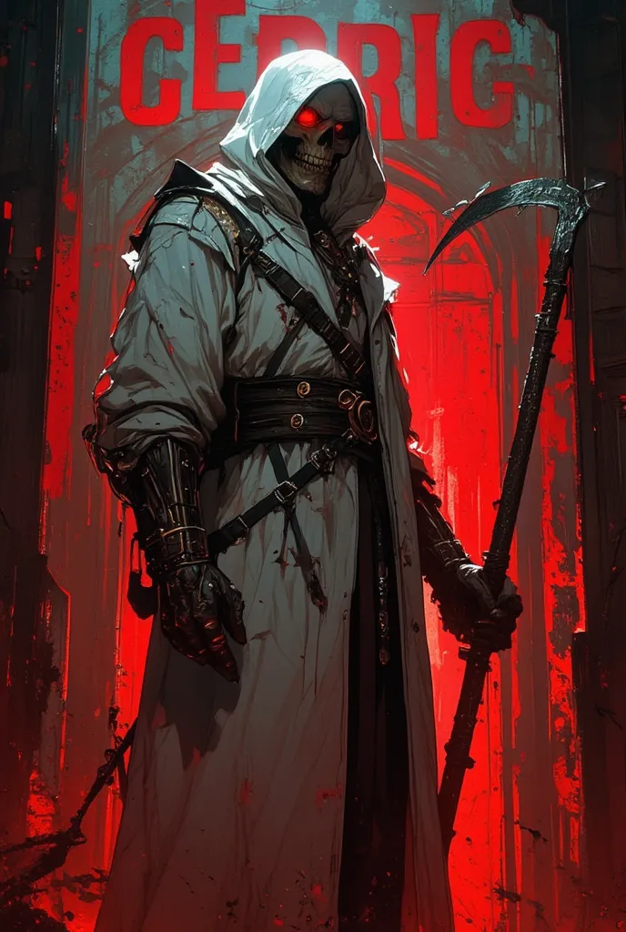 A ghostly white reaper standing menacingly in front of a massive, weathered wall with the bold, red text "Cedric" painted behind him. The reaper, known as Whitexreaper, wears a long, tattered white cloak, with intricate ethereal armor details that shimmer ...