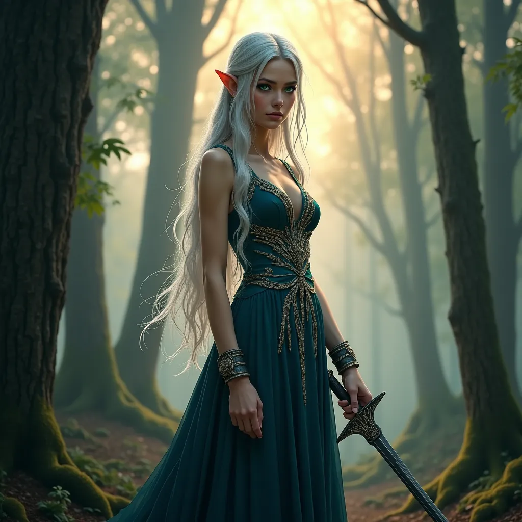 A highly detailed portrait of a noble female elven with long silver hair, sharp emerald-green eyes. She wears an elegant deep-blue dress with golden embroidery, she's holding a sword. The background is a mystical forest bathed in soft twilight light. She's...