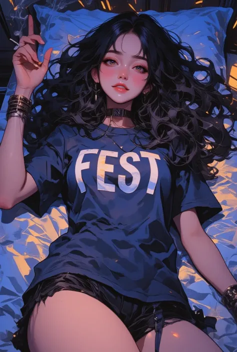  There is a picture of a woman lying in bed , On her t-shirt"Fest"Detailed characters , close-up,  close-upショット,  James Jean ,  close-upショット,  close-upショット, , Detail shot,  full color illustration , Close-up,  close-upショット,From cigarette to smoke ,Provocat...