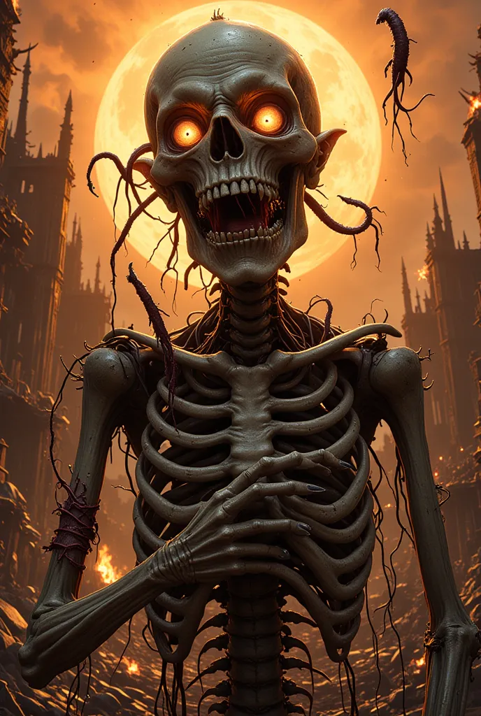 You create me a skeleton that gets worms out of her eyes in an underreal world with fire and ruins in digital art