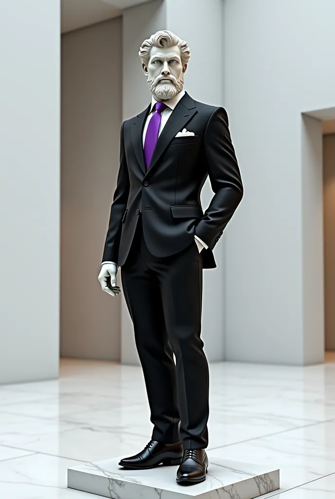 GREEK STATUE DRESSED IN A BLACK SUIT WITH PURPLE DETAILS