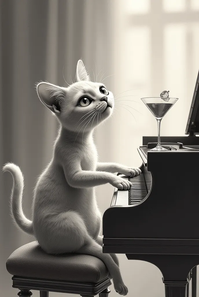 
a cat playing the piano and singing with a cocktail on the piano, pencil style