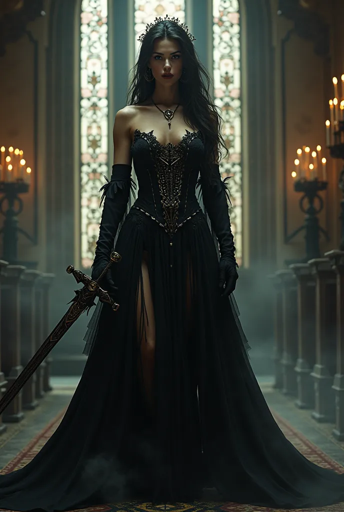 very  sexy evil  goddess of the church of the fates  holding sword of darkness