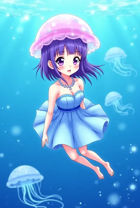 Create the image of an anime girl with shoulder-length purple mullet-cut hair, with purple eyes, white skin, long eyelashes, He wears a hat similar to the body of transparent light blue and pink jellyfishes, Her dress is also shaped like the body of the me...