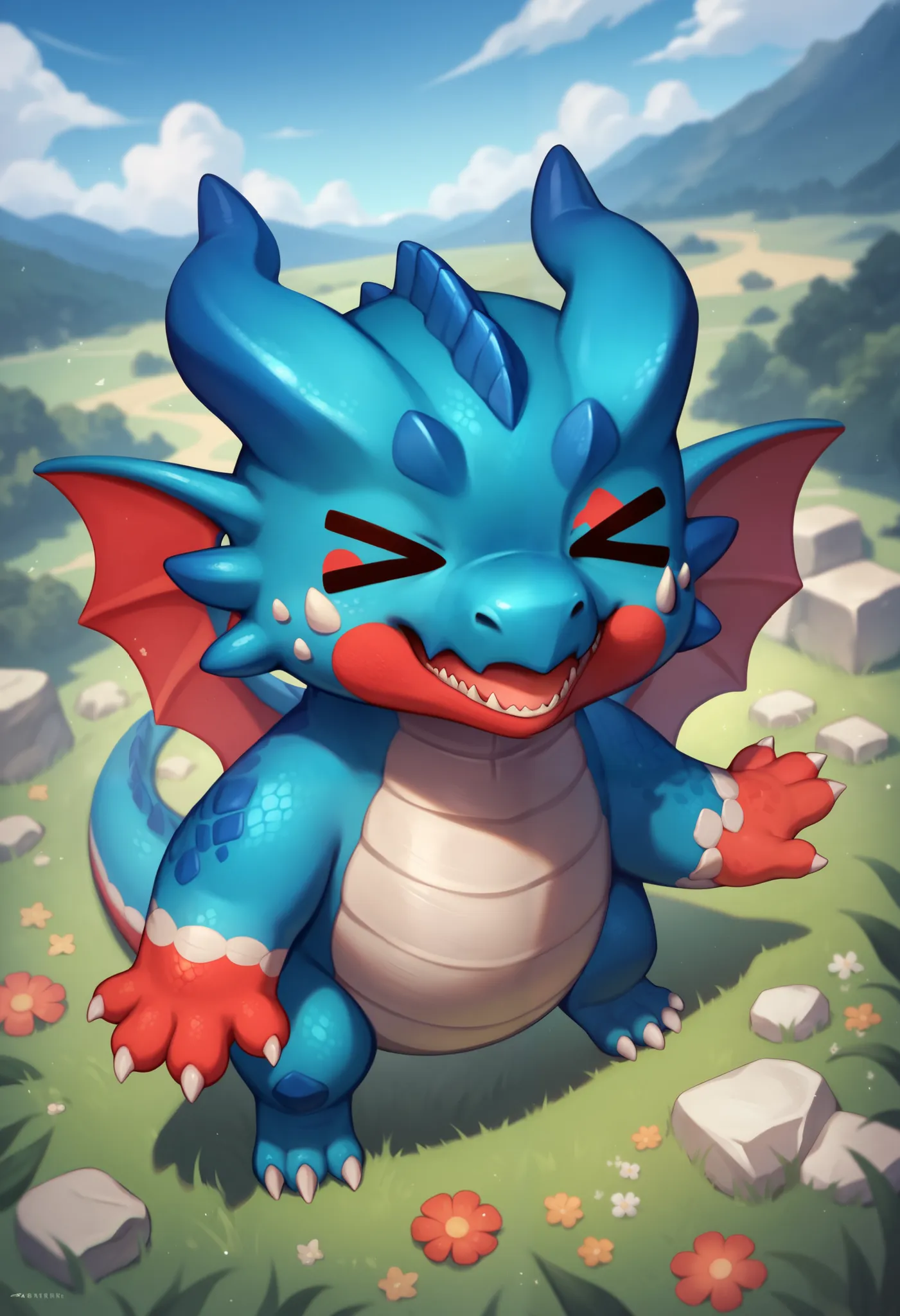 Detailed mini red dragon in blue sky, monster , creature, cute, smile, masterpiece, high-quality, high resolution, illustration, anime character, smile, dragon face, dragon anime eye, expression eyes, chibi, detailed realistic dragon skin, solo, from front...