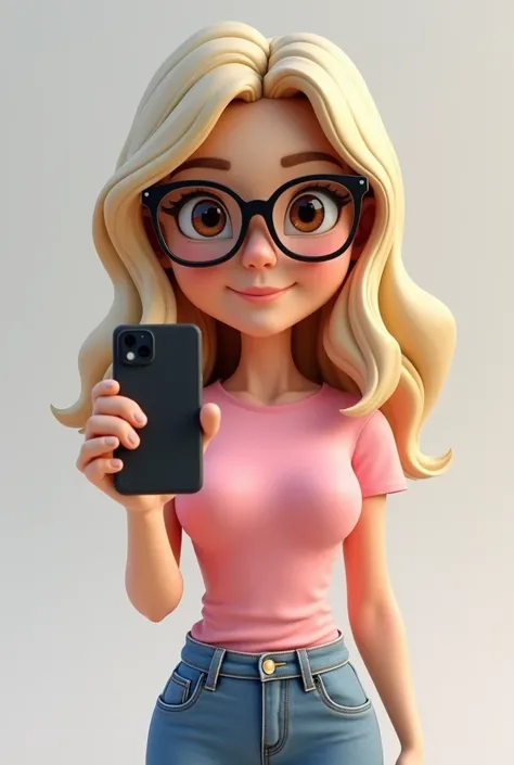 Create a 3D female mascot for a store, represented by a friendly young woman. She has white skin with a darker tone, medium or long hair with blonde highlights and well-groomed hair, as well as prescription glasses that reflect a confident and approachable...