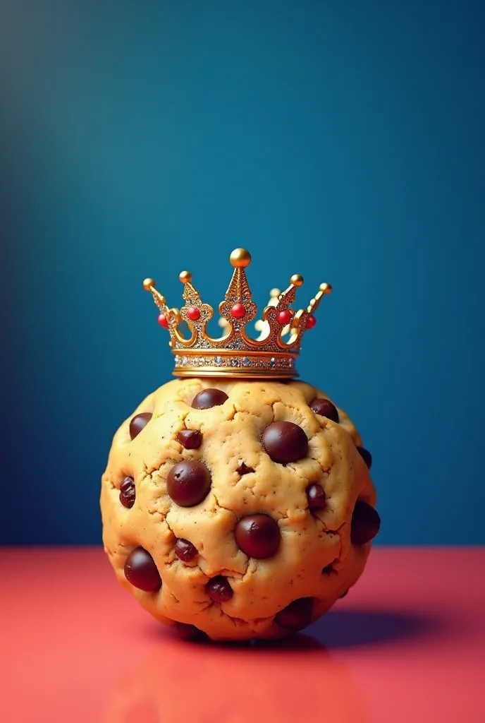 Fait moi un cookie pépite de chocolat avec une couronne sur la tête sur un fond bleu et rouge