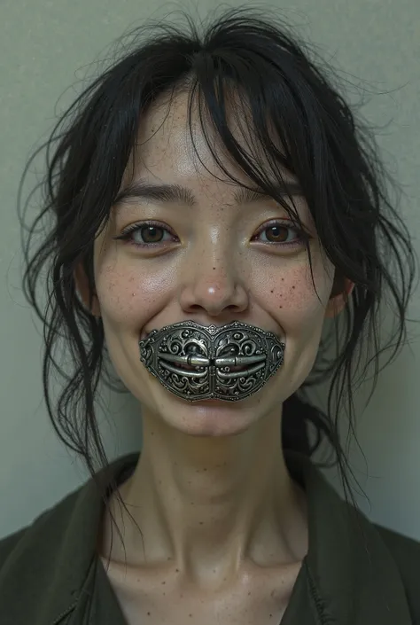 Generate a woman unable to speak smiling with an intricate metal mouth gag glued to her teeth 